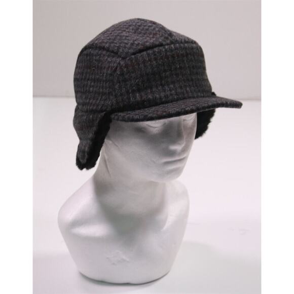 Mistral Made in France Gray Check Wool Hat w/ Fur Ear Flaps 59 cm - 7 3/8 New! - Picture 1 of 10